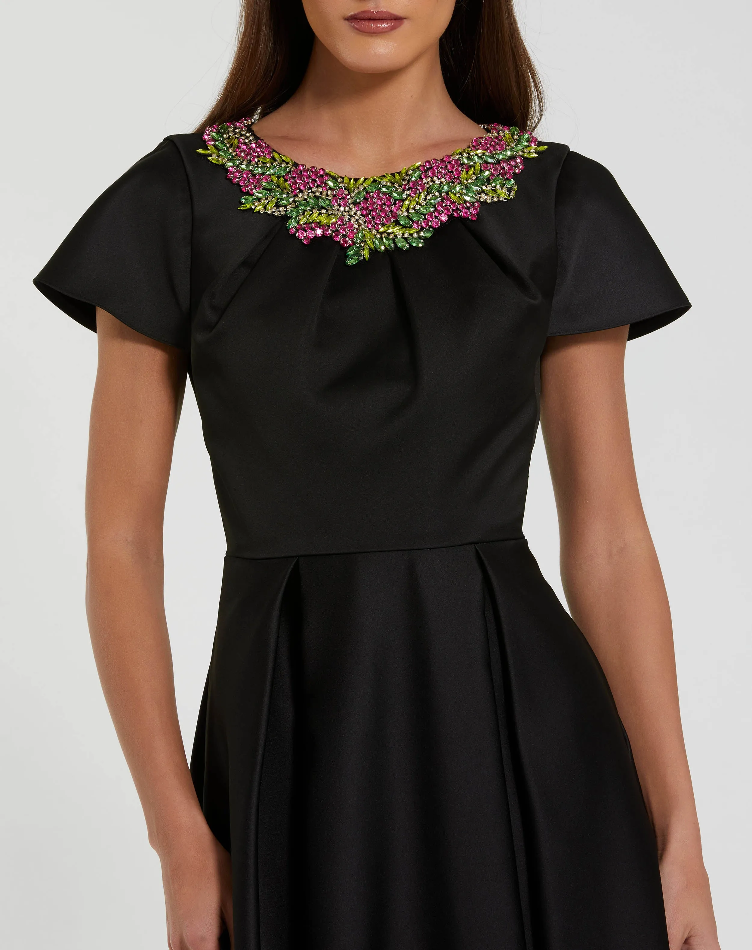 Black Satin Flutter Sleeve Gown With Neckline Beading sold by Mac Duggal product image thumbnail 2