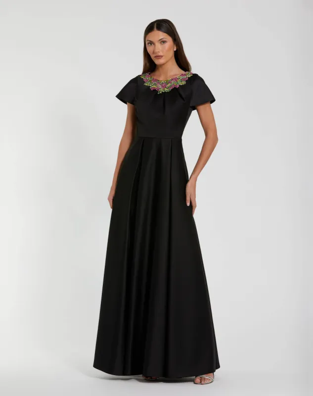 Black Satin Flutter Sleeve Gown With Neckline Beading sold by Mac Duggal
