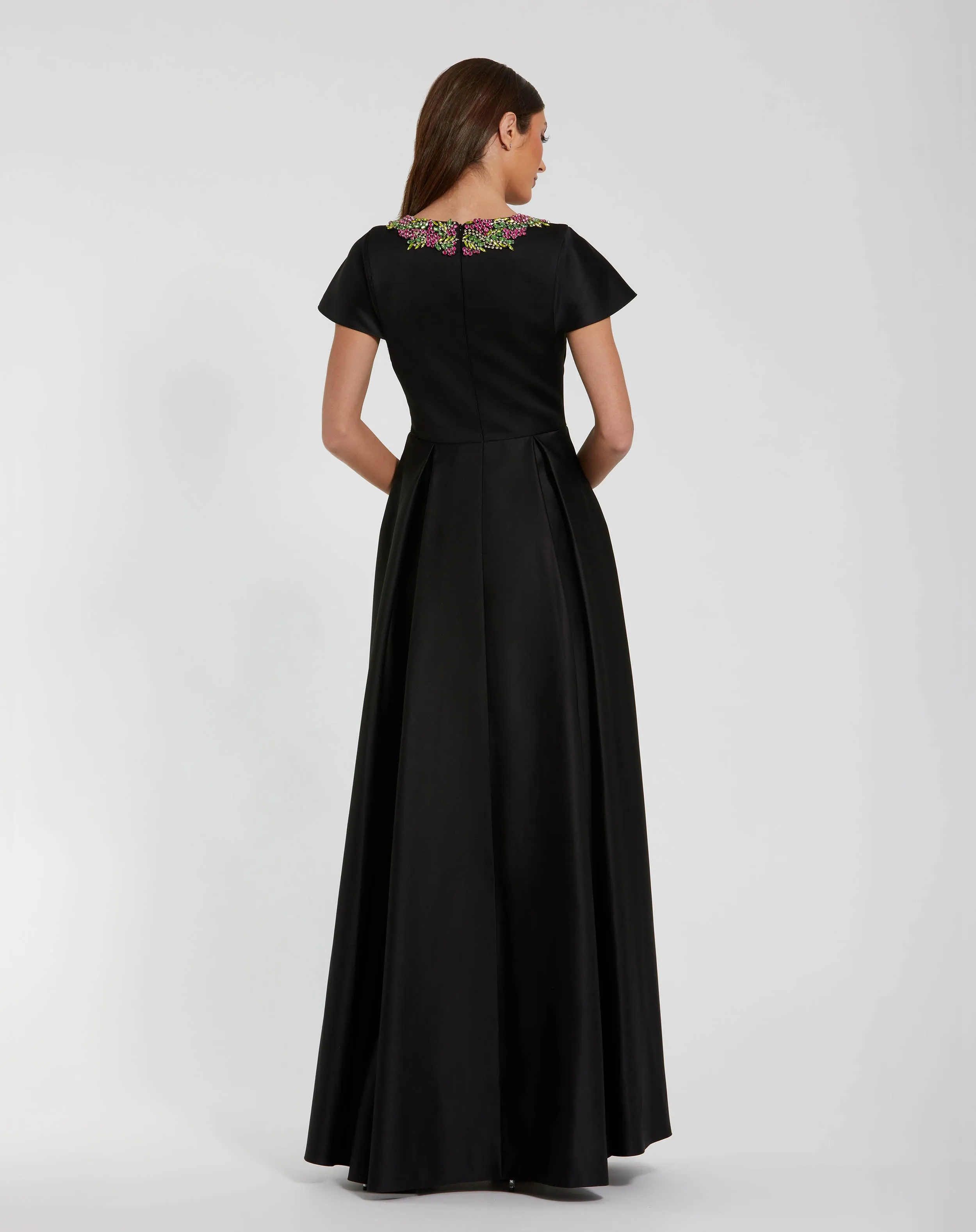 Black Satin Flutter Sleeve Gown With Neckline Beading sold by Mac Duggal product image thumbnail 3