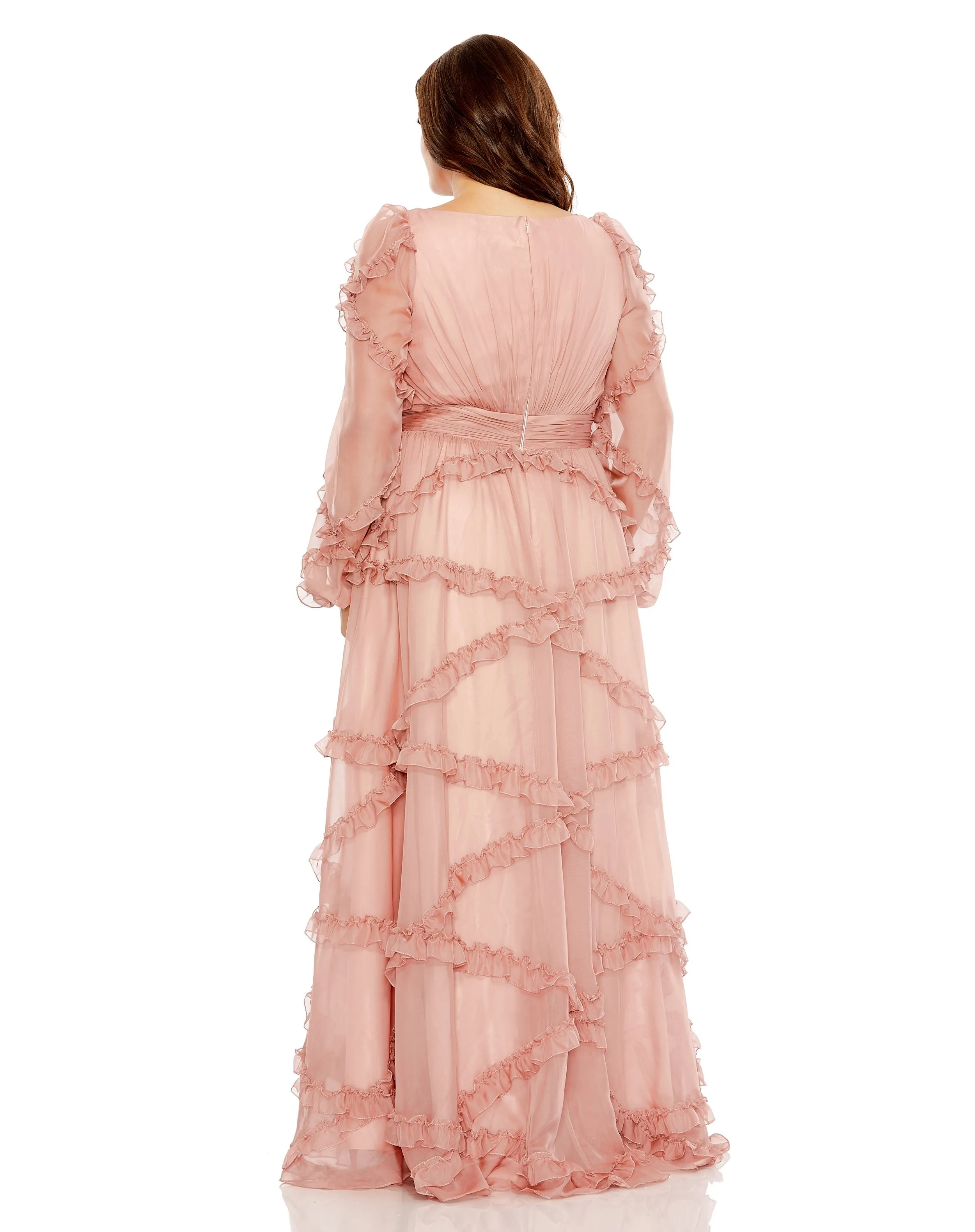 Pink V Neck Ruffle Tiered Puff Sleeve Gown sold by Mac Duggal product image thumbnail 3
