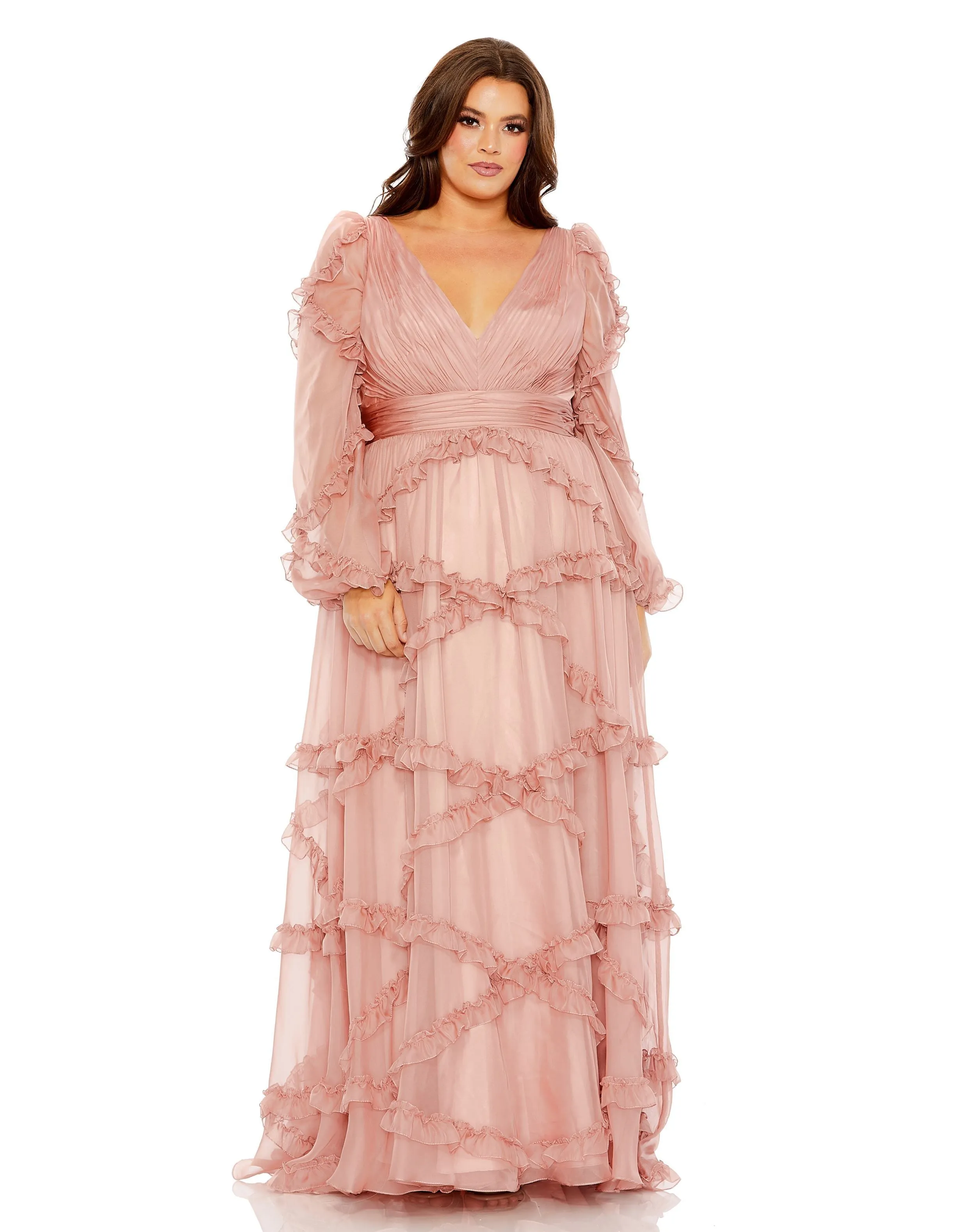 Pink V Neck Ruffle Tiered Puff Sleeve Gown sold by Mac Duggal