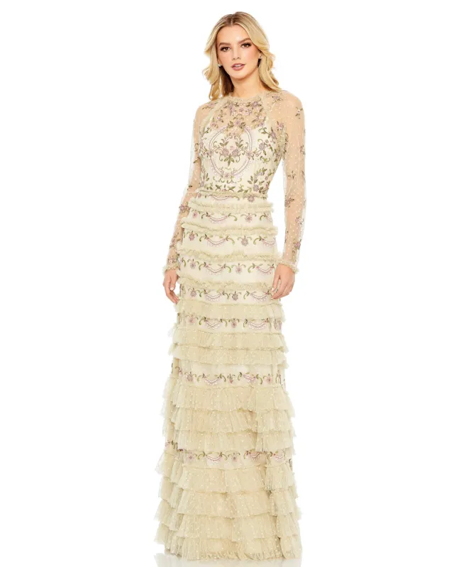 Beige Mesh Polka Dot Long Sleeve Floral Ruffle Tired Gown sold by Mac Duggal