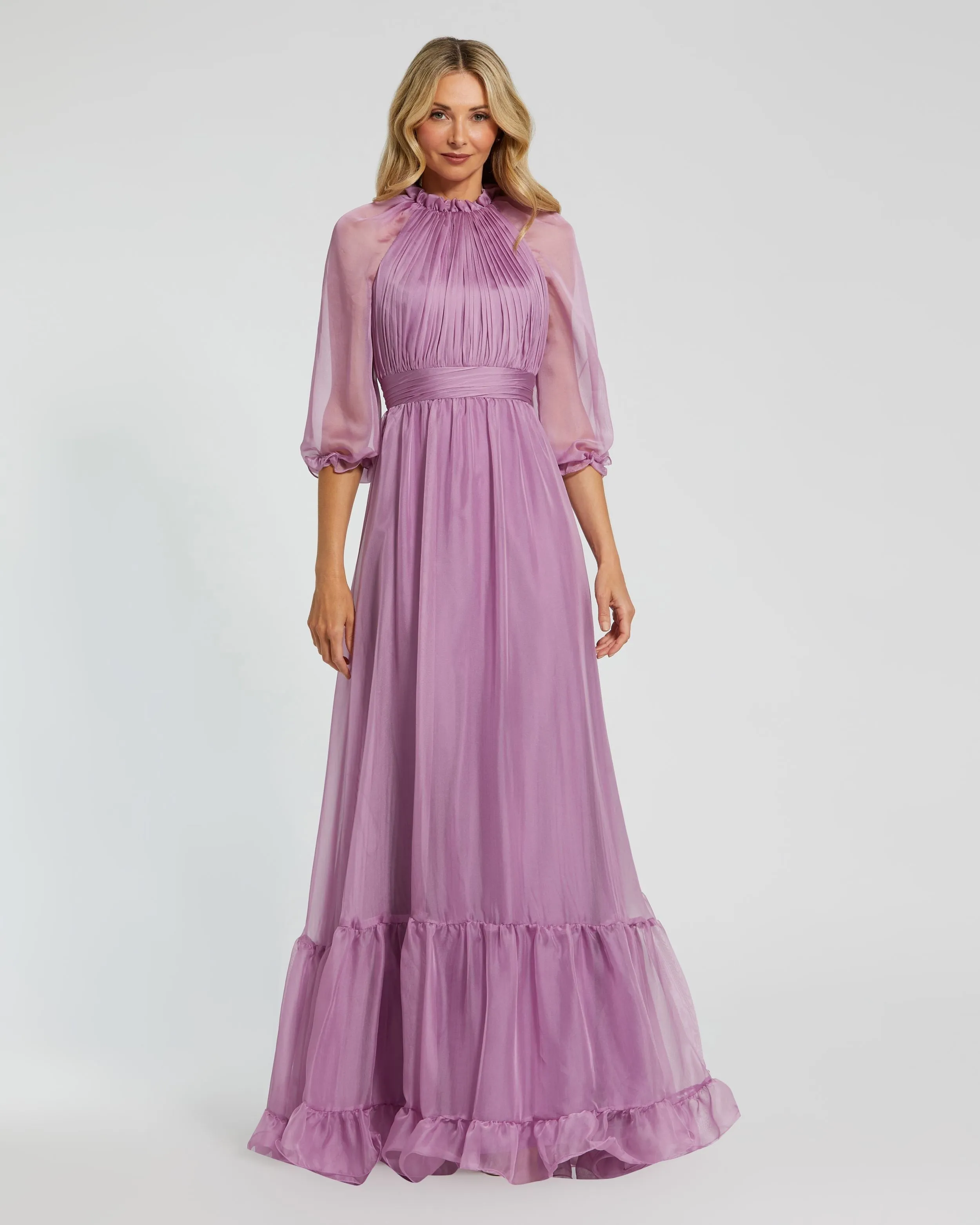 Light Purple Chiffon Ruched Illusion Raglan Sleeve Ruffled Gown sold by Mac Duggal