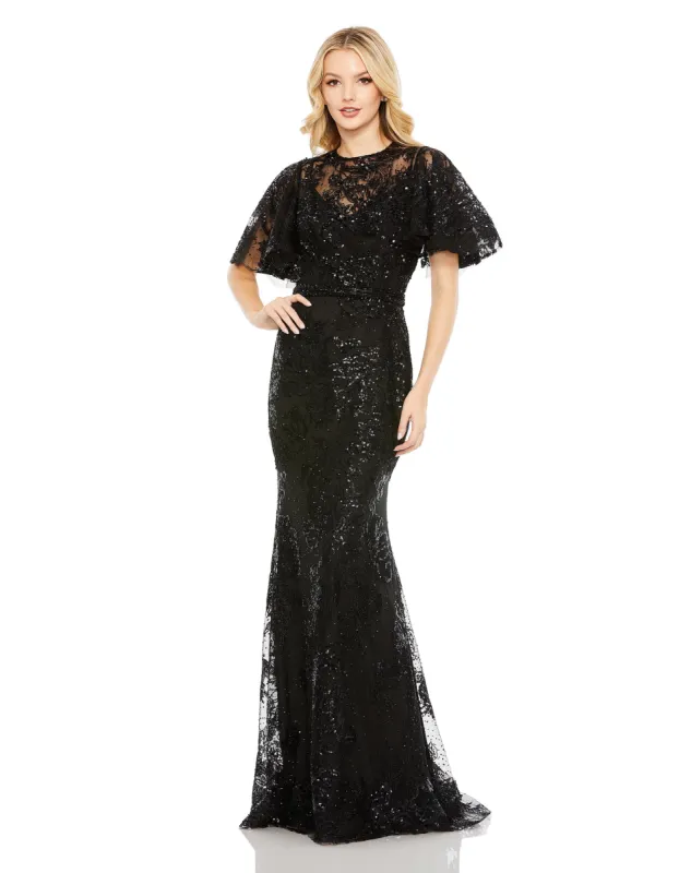 Black Embellished Flutter Sleeve High Neck Gown sold by Mac Duggal