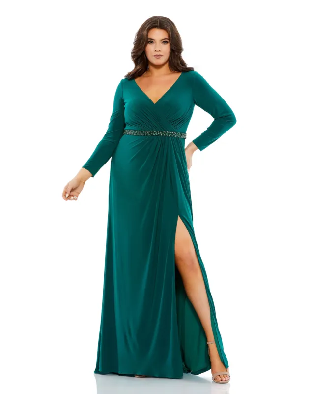 Green Beaded Belt Jersey Faux Wrap Long Sleeve Gown sold by Mac Duggal