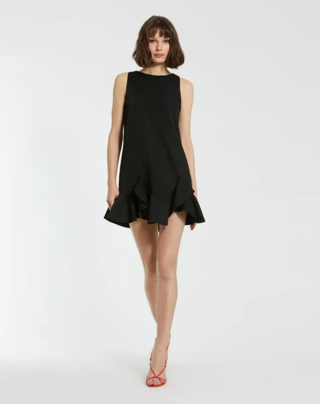 The Mia Black High Neck Sleeveless Crepe Mini Dress With Ruffle Hem sold by Mac Duggal