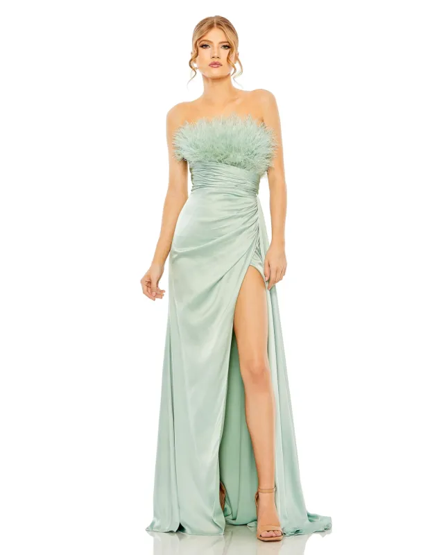 Green Strapless Feather Detail Satin Gown sold by Mac Duggal