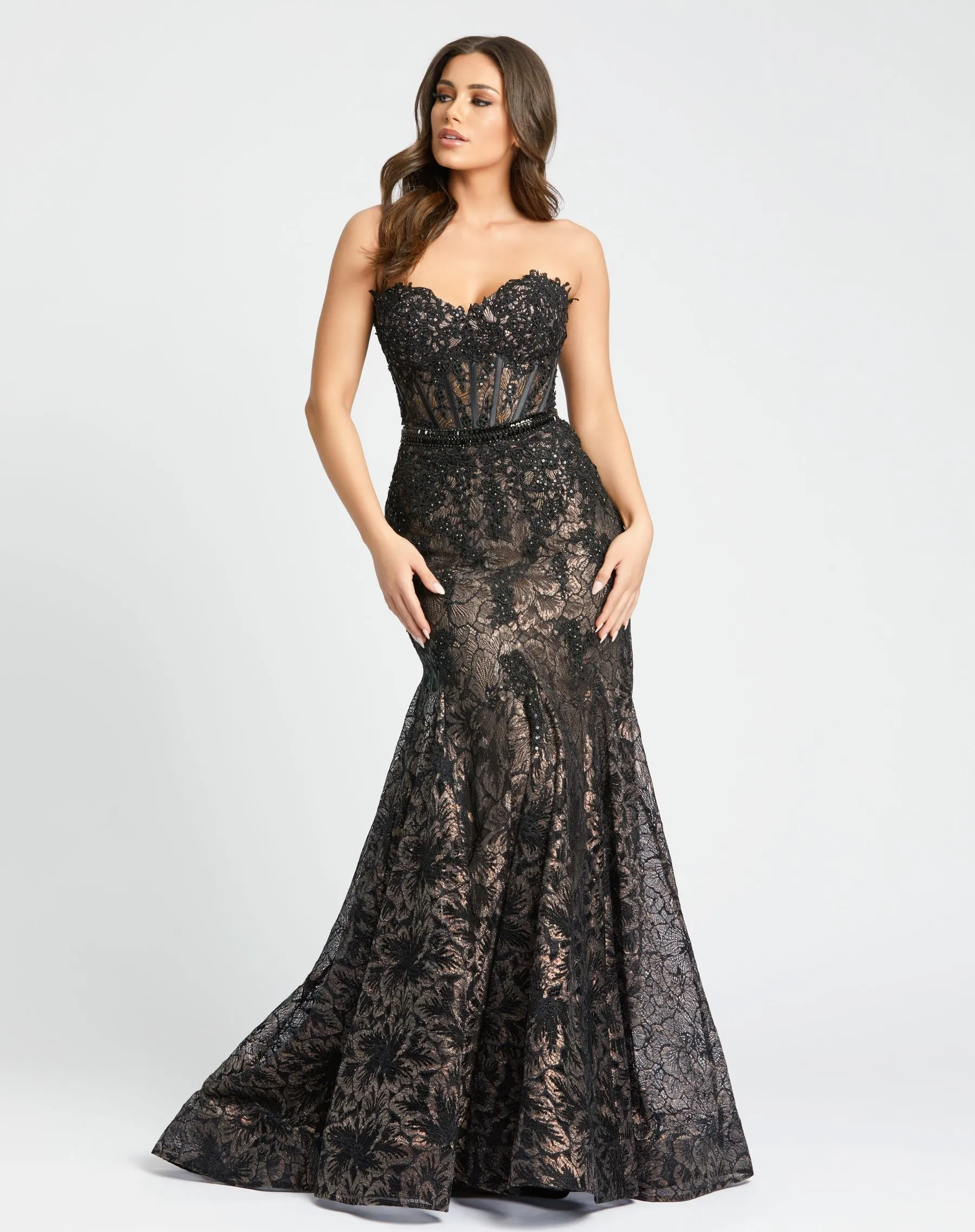 Black Embellished Strapless Sweetheart Trumpet Gown sold by Mac Duggal