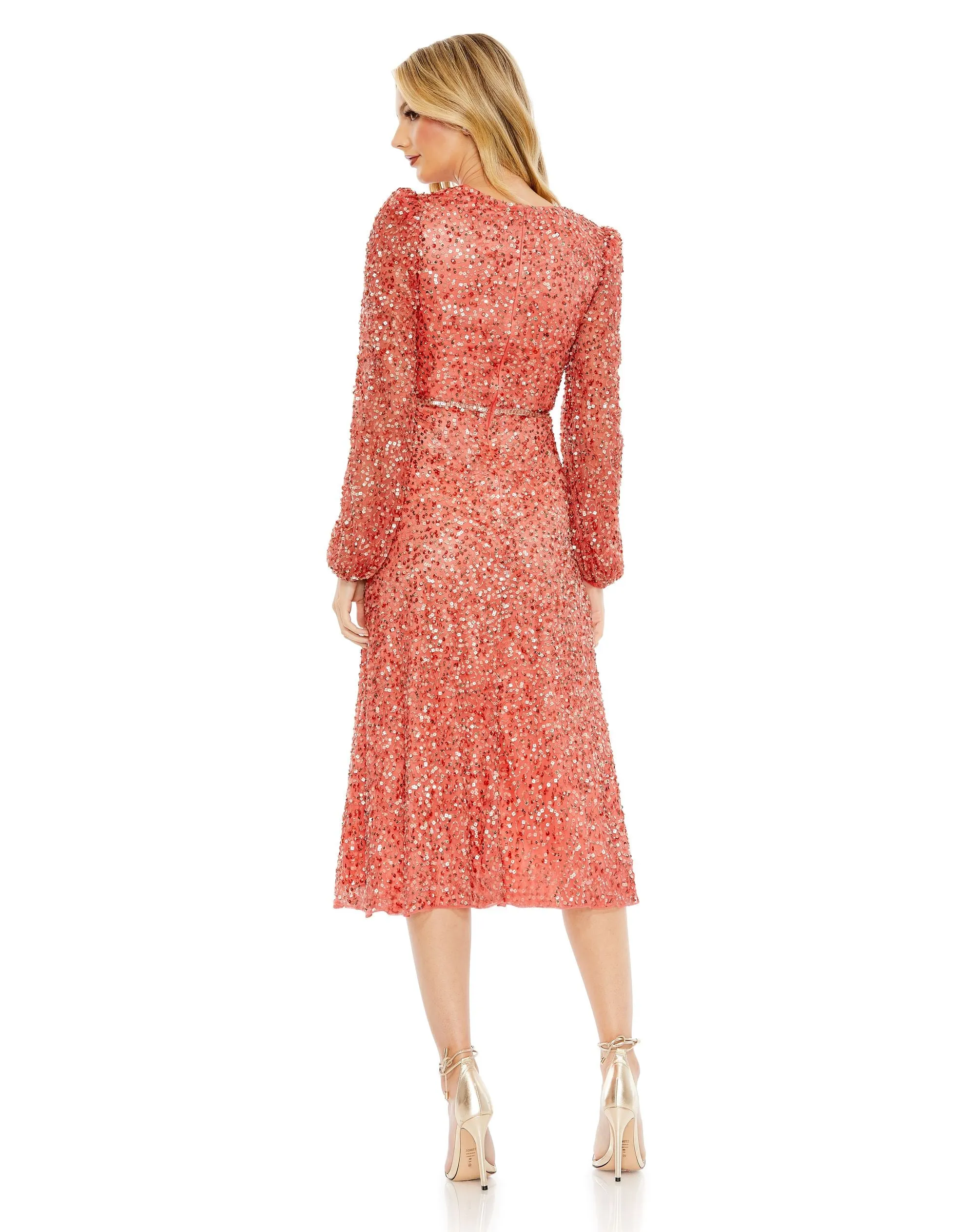 Red Sequined Puff Sleeve Wrap Over A Line Dress - FINAL SALE sold by Mac Duggal product image thumbnail 3