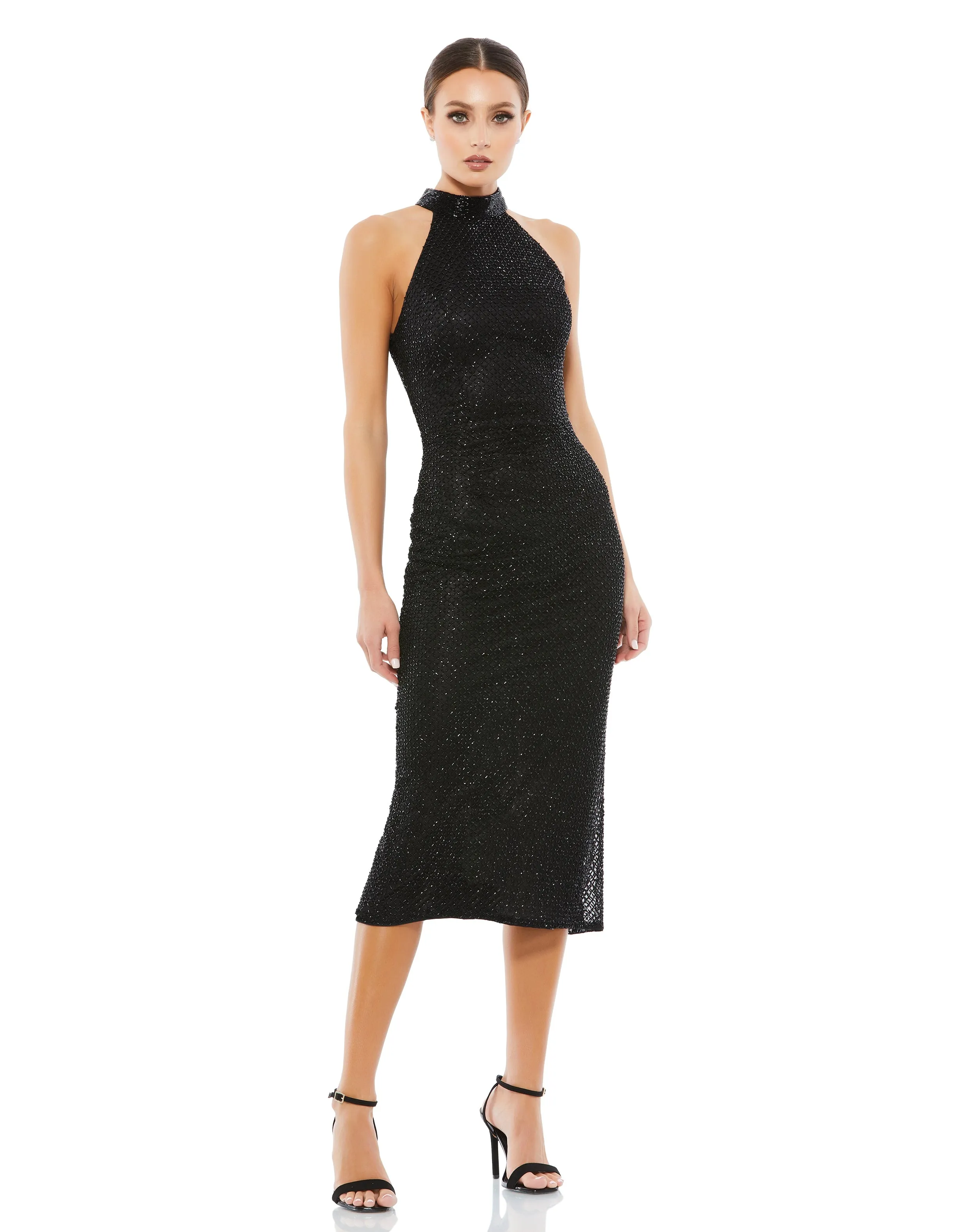 Black High Neck Halter Sleeveless Midi Dress sold by Mac Duggal