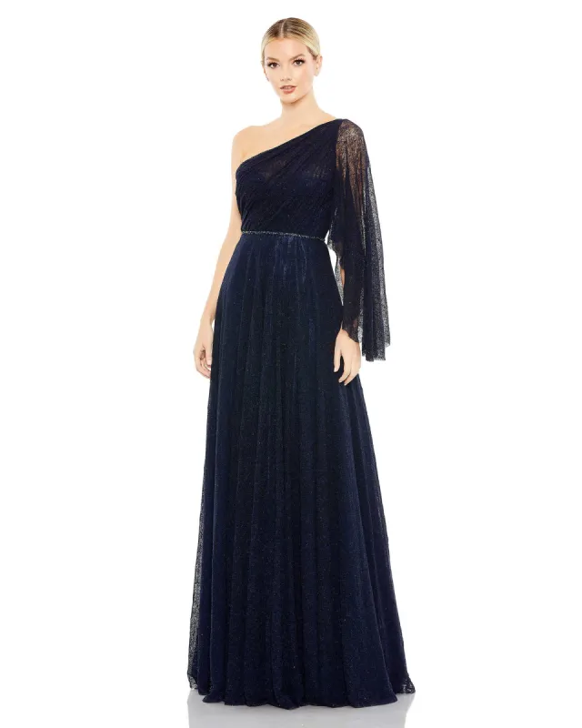 Navy Lace One Shoulder Illusion Sleeve A Line Gown sold by Mac Duggal