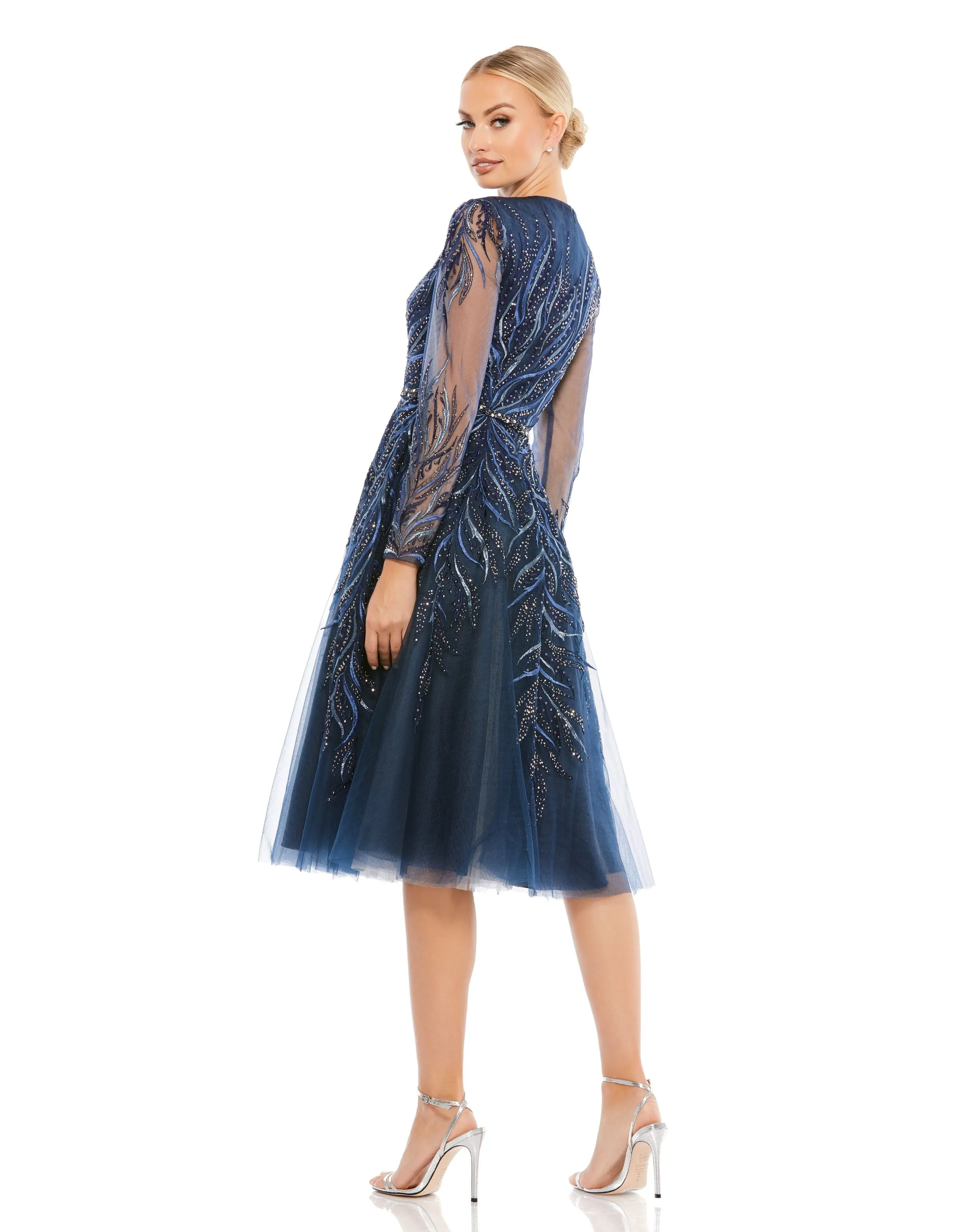 Navy Embellished Tea-Length Illusion Cocktail Dress sold by Mac Duggal product image thumbnail 3