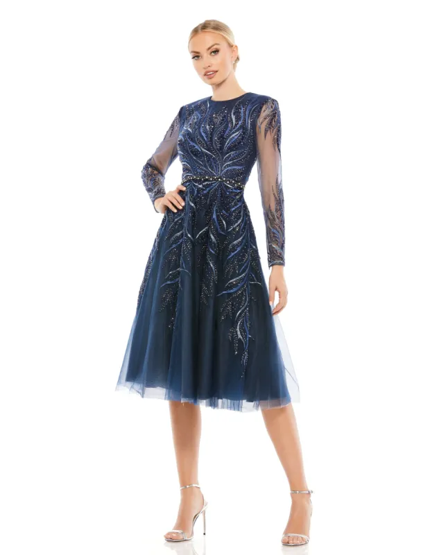Navy Embellished Tea-Length Illusion Cocktail Dress sold by Mac Duggal