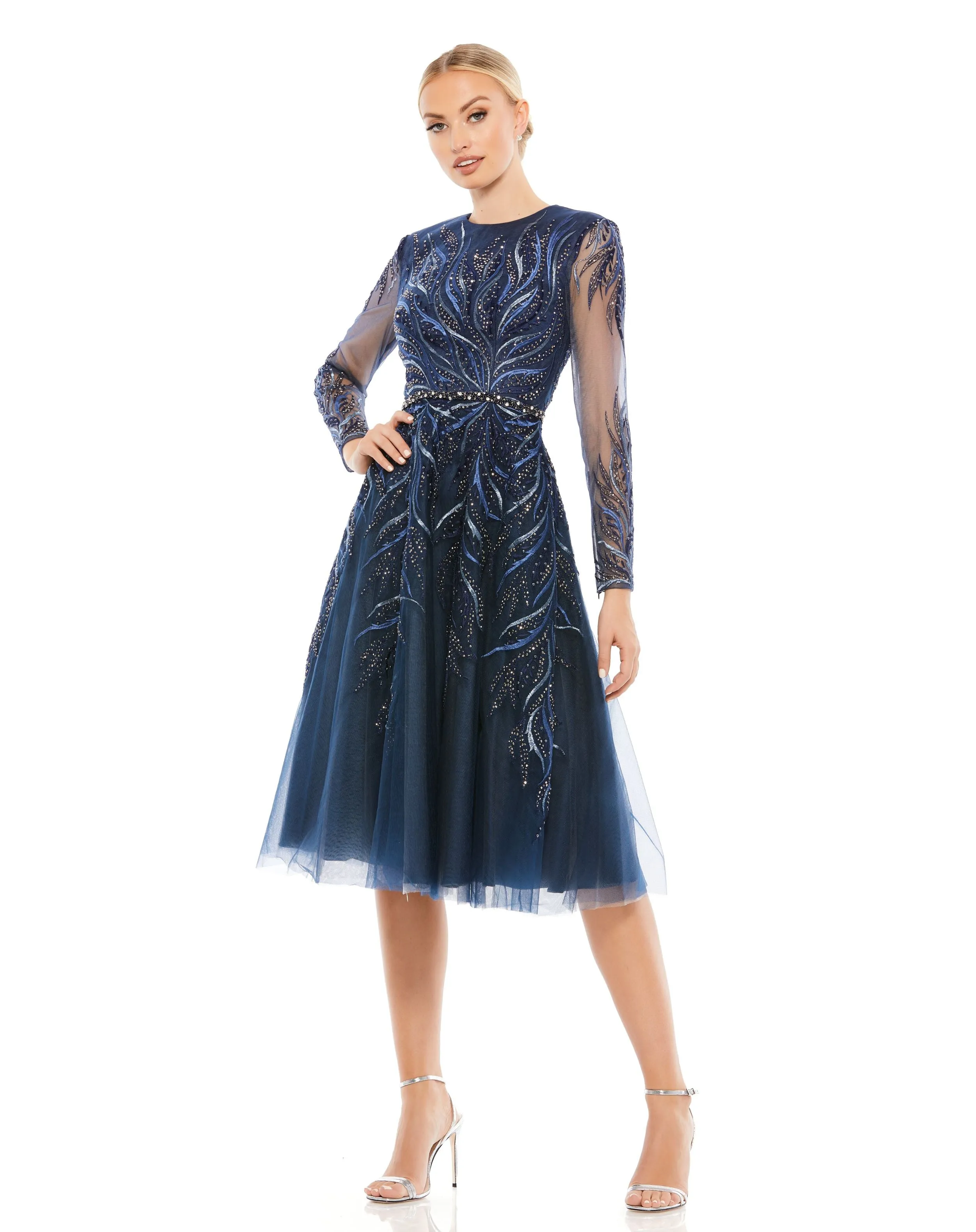 Navy Embellished Tea-Length Illusion Cocktail Dress sold by Mac Duggal