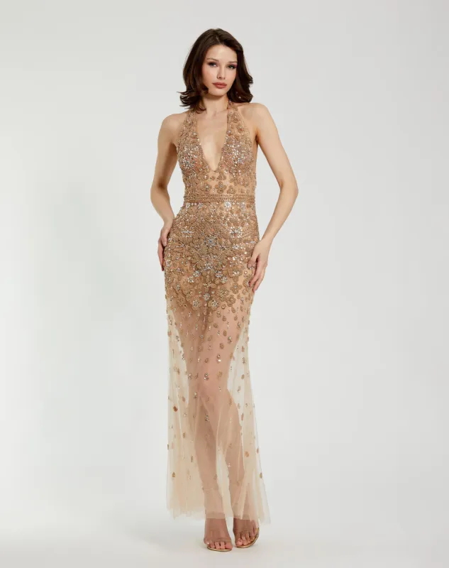 Beige Halter Top Heavily Embellished Sheer Gown sold by Mac Duggal