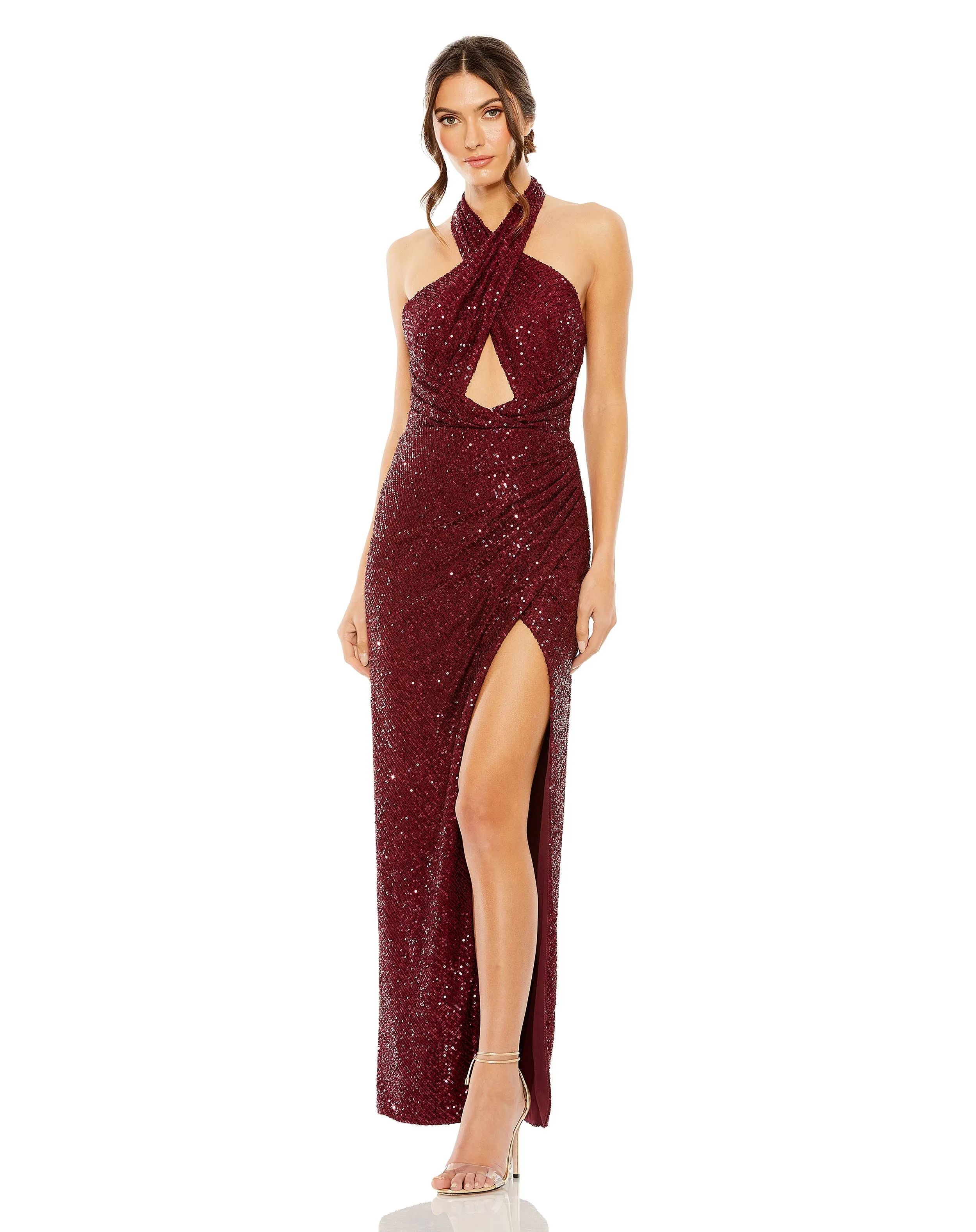 Halter Front Cut-Out Ruched High Slit Sequin Gown | Sample | Sz. XS sold by Mac Duggal