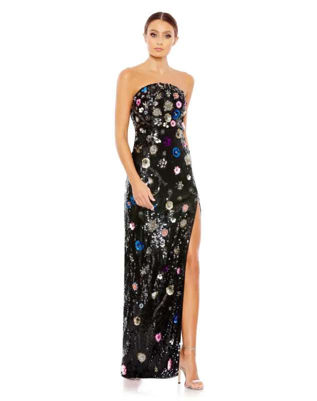 Black Floral Embellished Strapless Column Gown sold by Mac Duggal