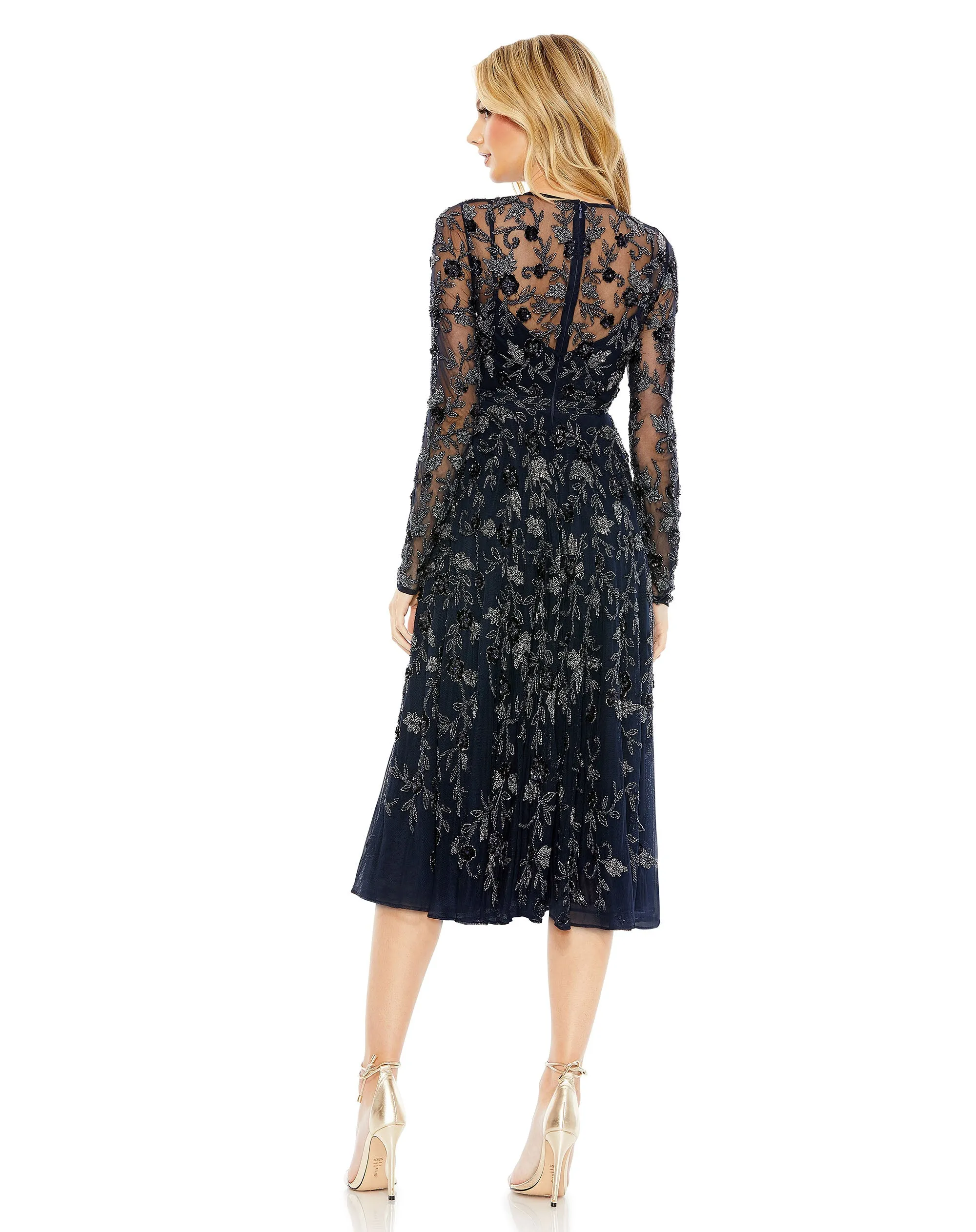 Navy Beaded Illusion High Neck Long Sleeve A Line Dress sold by Mac Duggal product image thumbnail 4