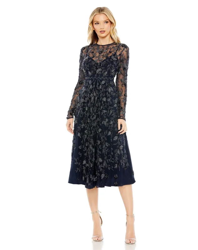 Navy Beaded Illusion High Neck Long Sleeve A Line Dress sold by Mac Duggal