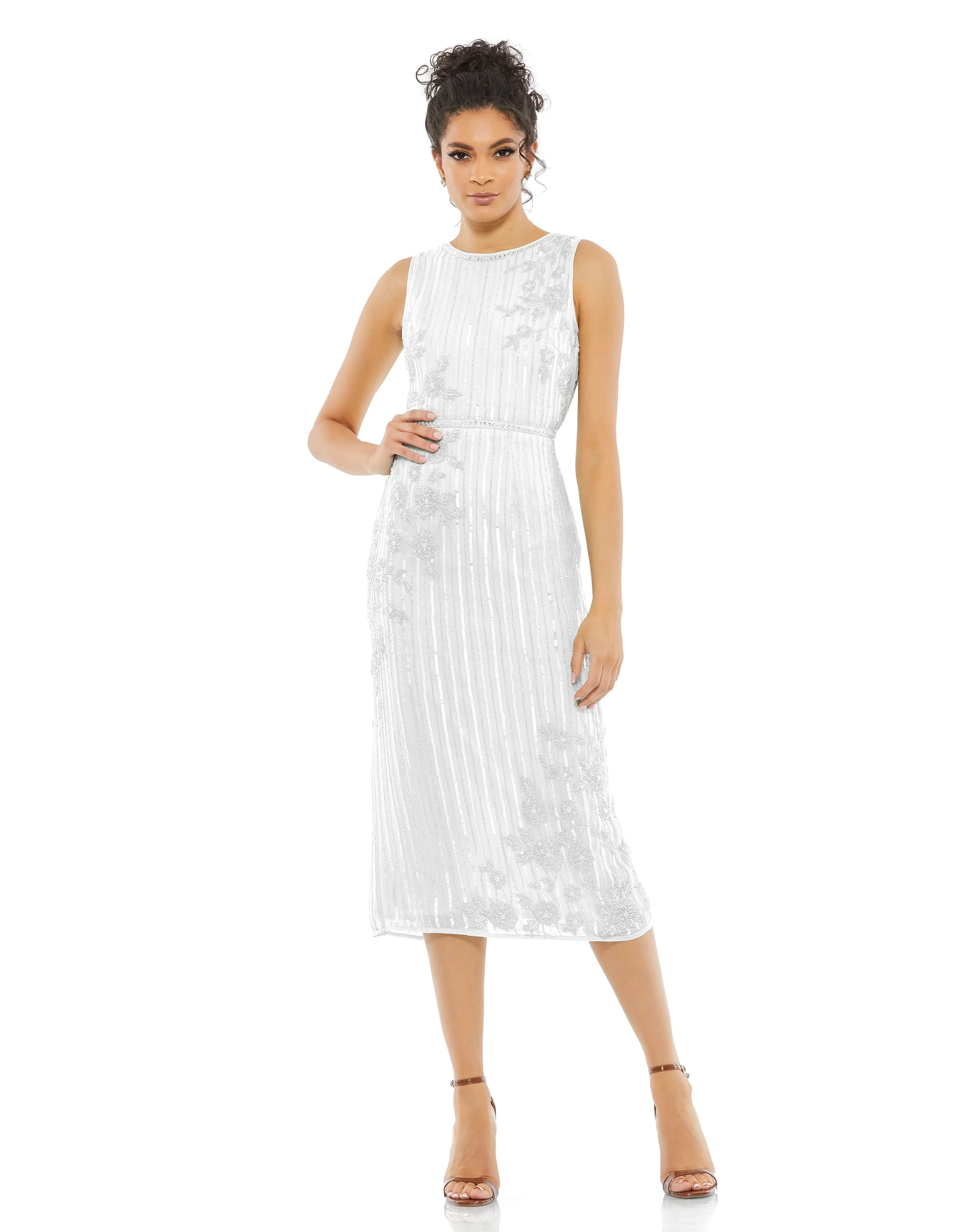 White Striped Floral Embellished Sleeveless Midi Dress sold by Mac Duggal product image thumbnail 4