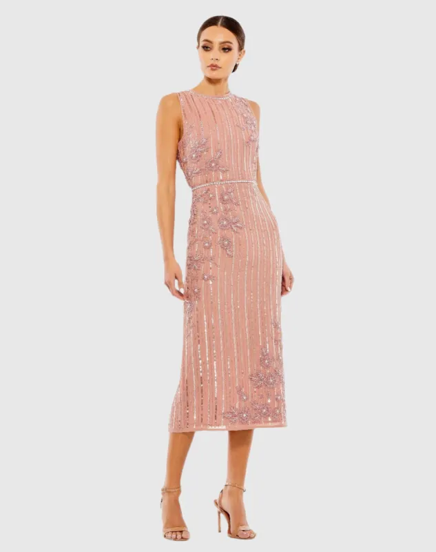White Striped Floral Embellished Sleeveless Midi Dress sold by Mac Duggal