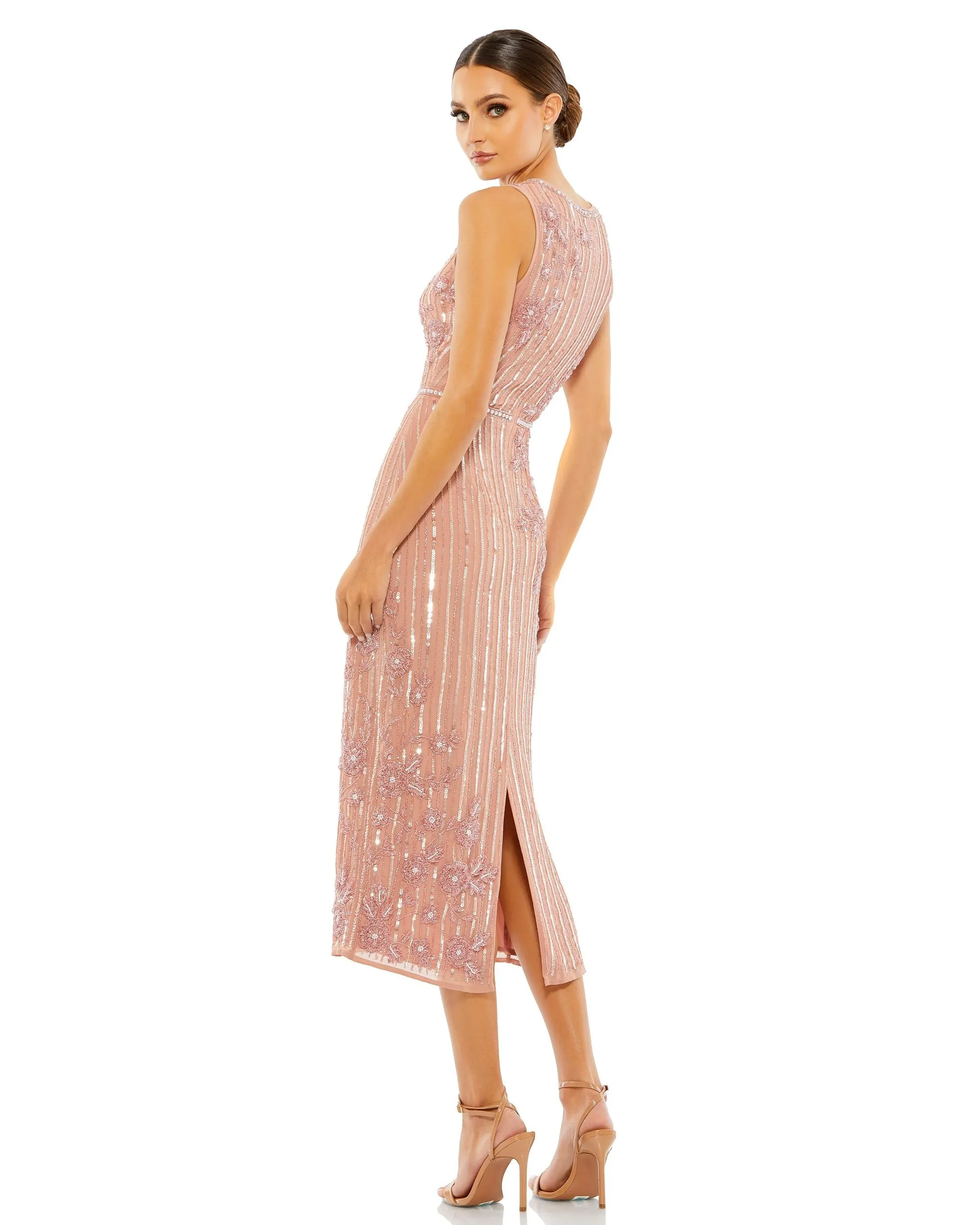 White Striped Floral Embellished Sleeveless Midi Dress sold by Mac Duggal product image thumbnail 2