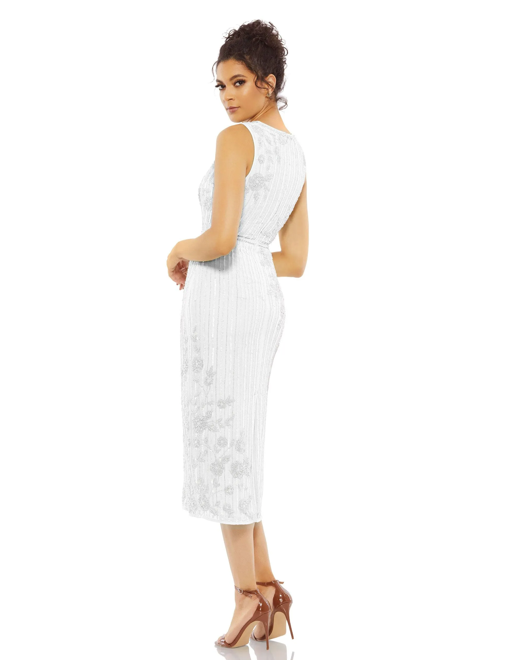 White Striped Floral Embellished Sleeveless Midi Dress sold by Mac Duggal product image thumbnail 5