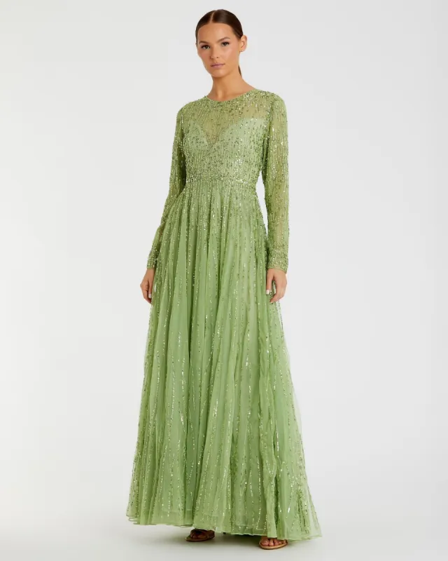 Green Illusion High Neck Long Sleeve Embellished Gown sold by Mac Duggal