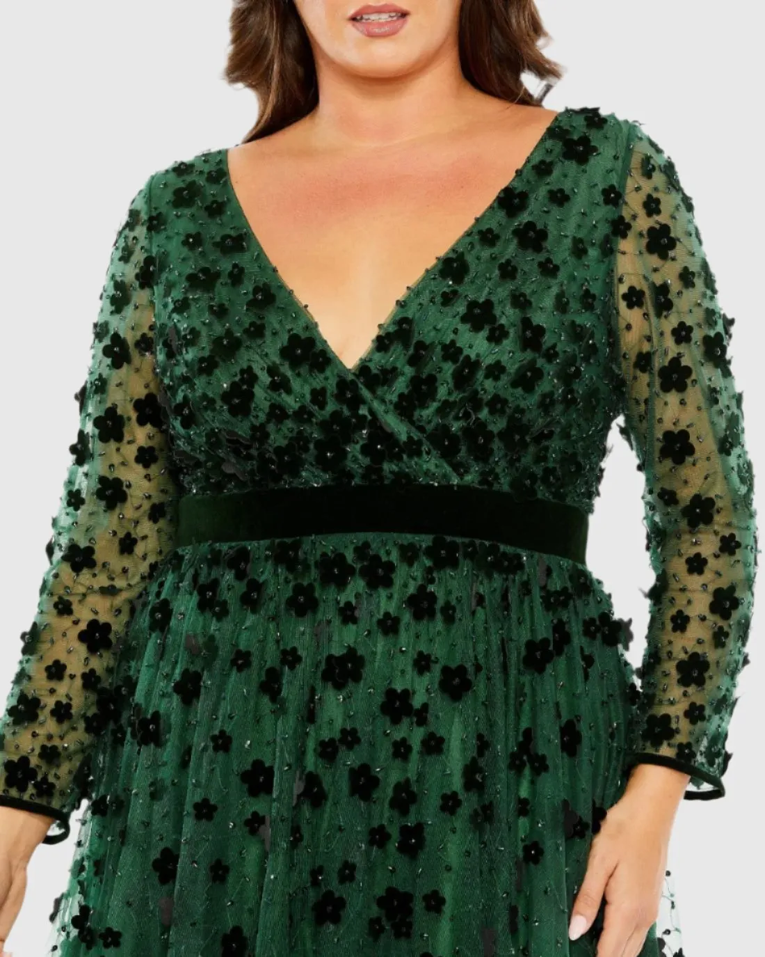Green Velvet Floral Applique Long Sleeve A Line Gown (Plus) sold by Mac Duggal product image thumbnail 5