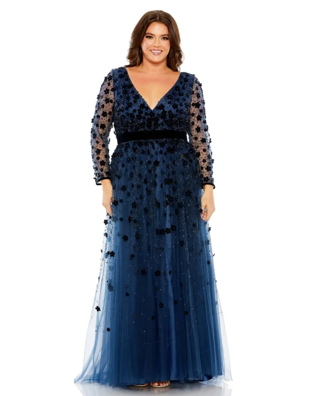 Green Velvet Floral Applique Long Sleeve A Line Gown (Plus) sold by Mac Duggal