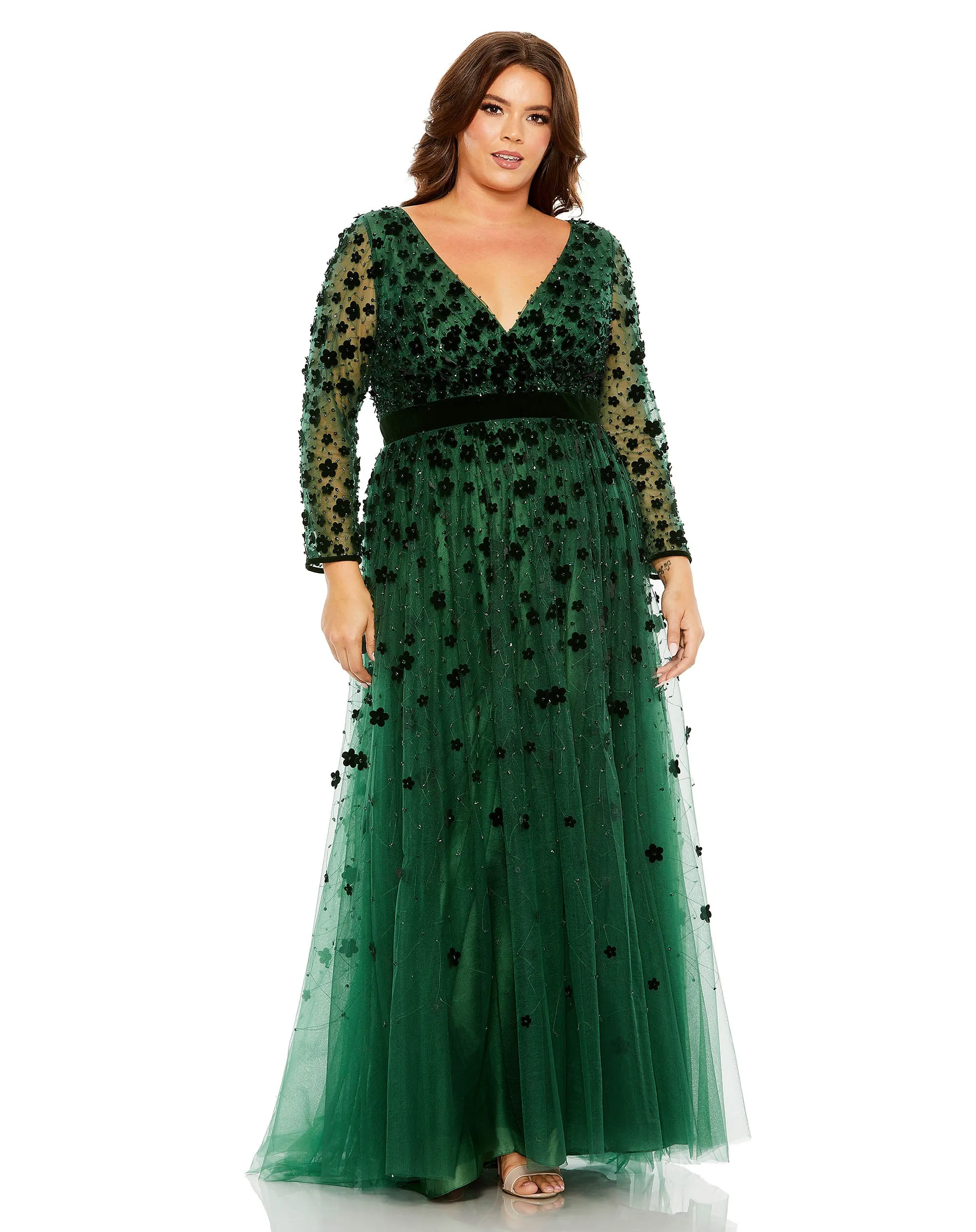 Green Velvet Floral Applique Long Sleeve A Line Gown (Plus) sold by Mac Duggal product image thumbnail 4