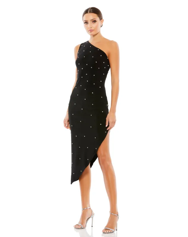 Black Rhinestone One Shoulder Asymmetrical Midi Dress sold by Mac Duggal