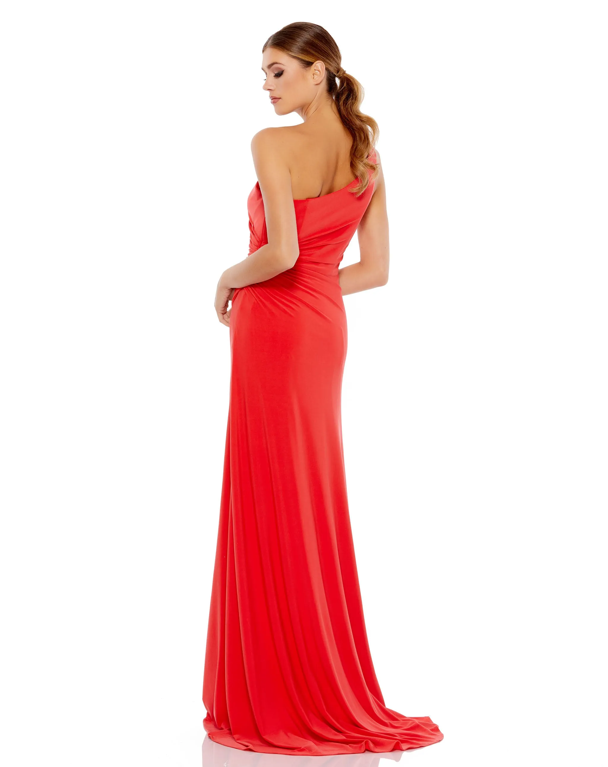 Red One Shoulder Ruched Jersey Evening Gown sold by Mac Duggal product image thumbnail 2