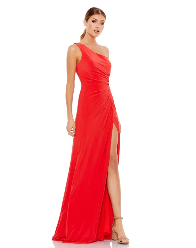 Red One Shoulder Ruched Jersey Evening Gown sold by Mac Duggal