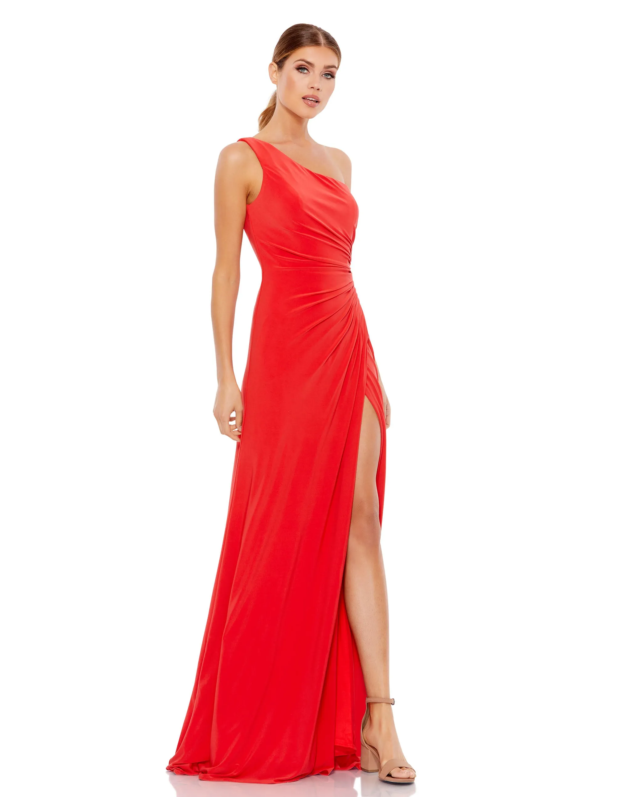 Red One Shoulder Ruched Jersey Evening Gown sold by Mac Duggal