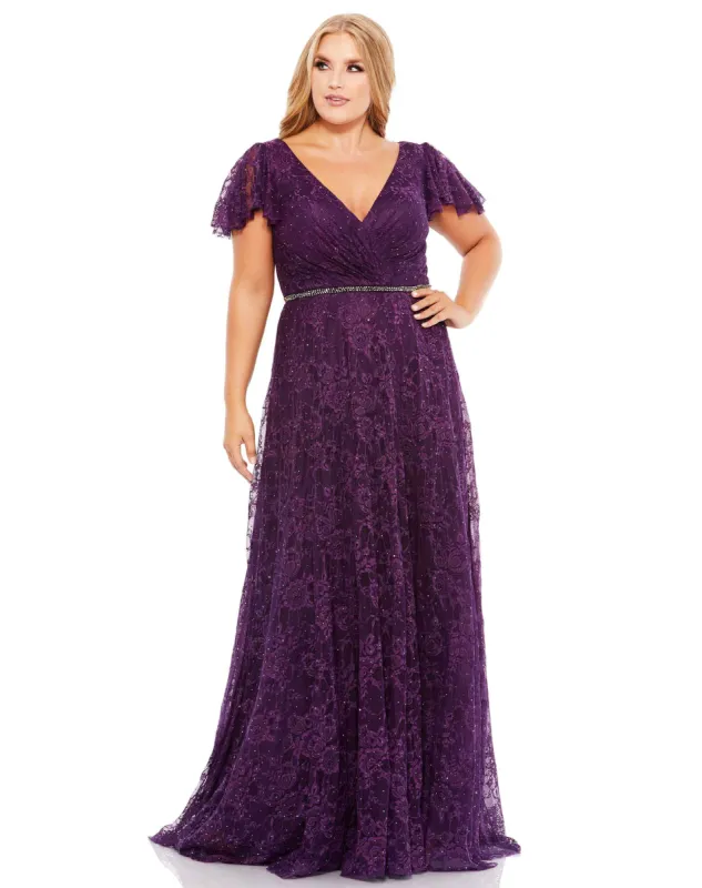 Purple Embellished Flutter Sleeve Evening Gown (Plus) sold by Mac Duggal
