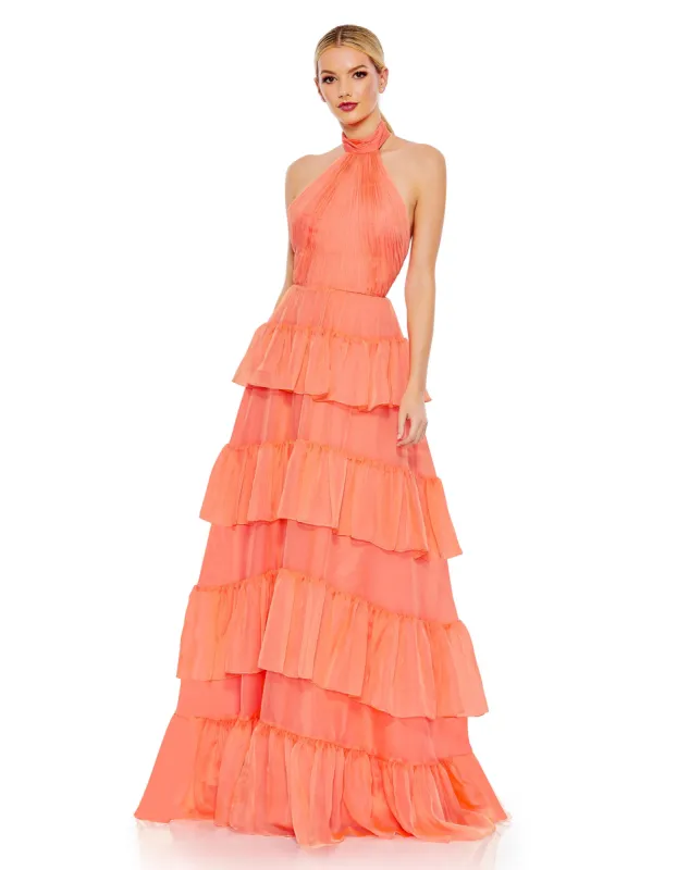 Orange Ruffle Tiered Pleated Halter Neck A Line Gown sold by Mac Duggal