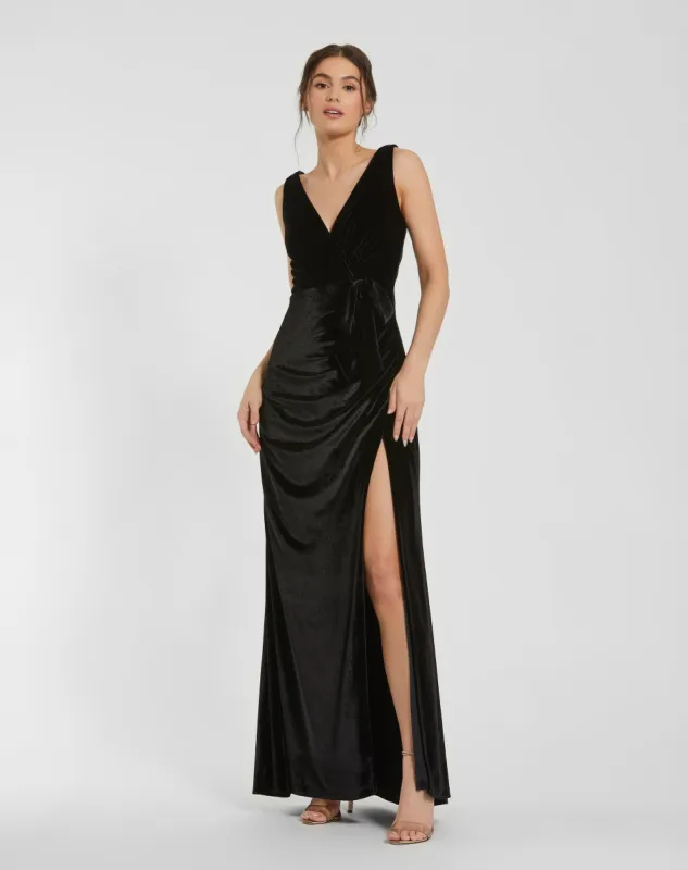 Black Deep V High Slit Draped Velvet Fitted Gown sold by Mac Duggal