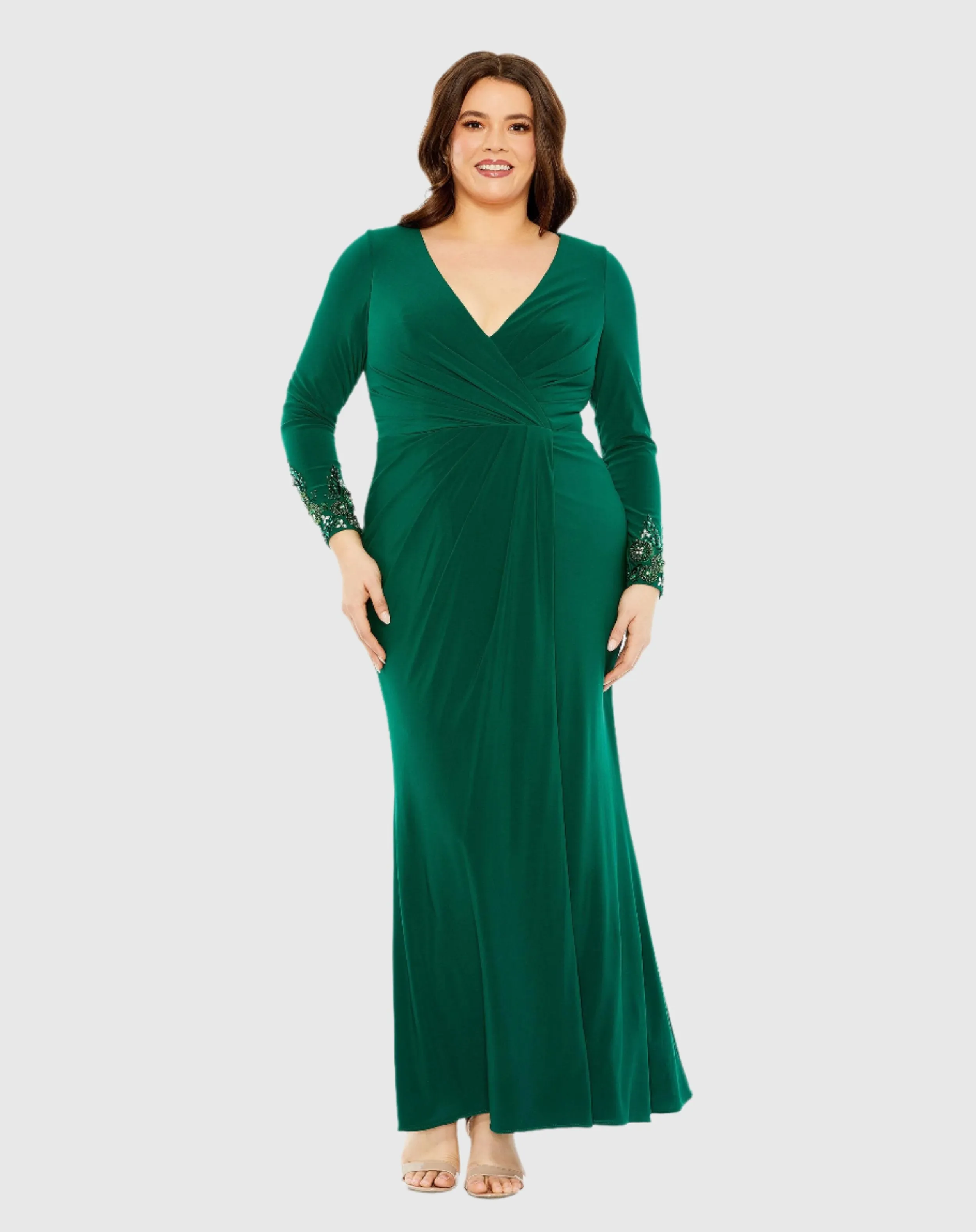 Green Long Crystal Detail Sleeve V Neck Gown sold by Mac Duggal product image thumbnail 3