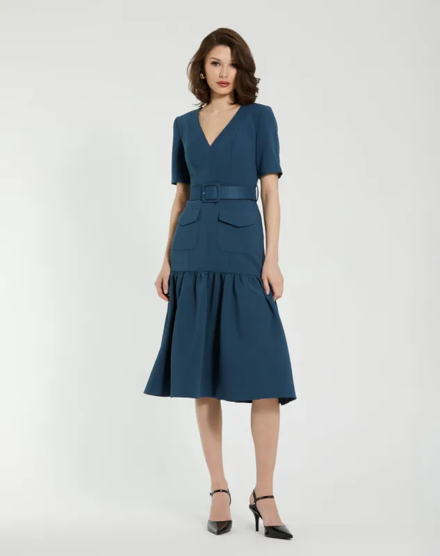 Blue Crepe 3/4 Sleeve Midi Dress With Belt And Pockets sold by Mac Duggal