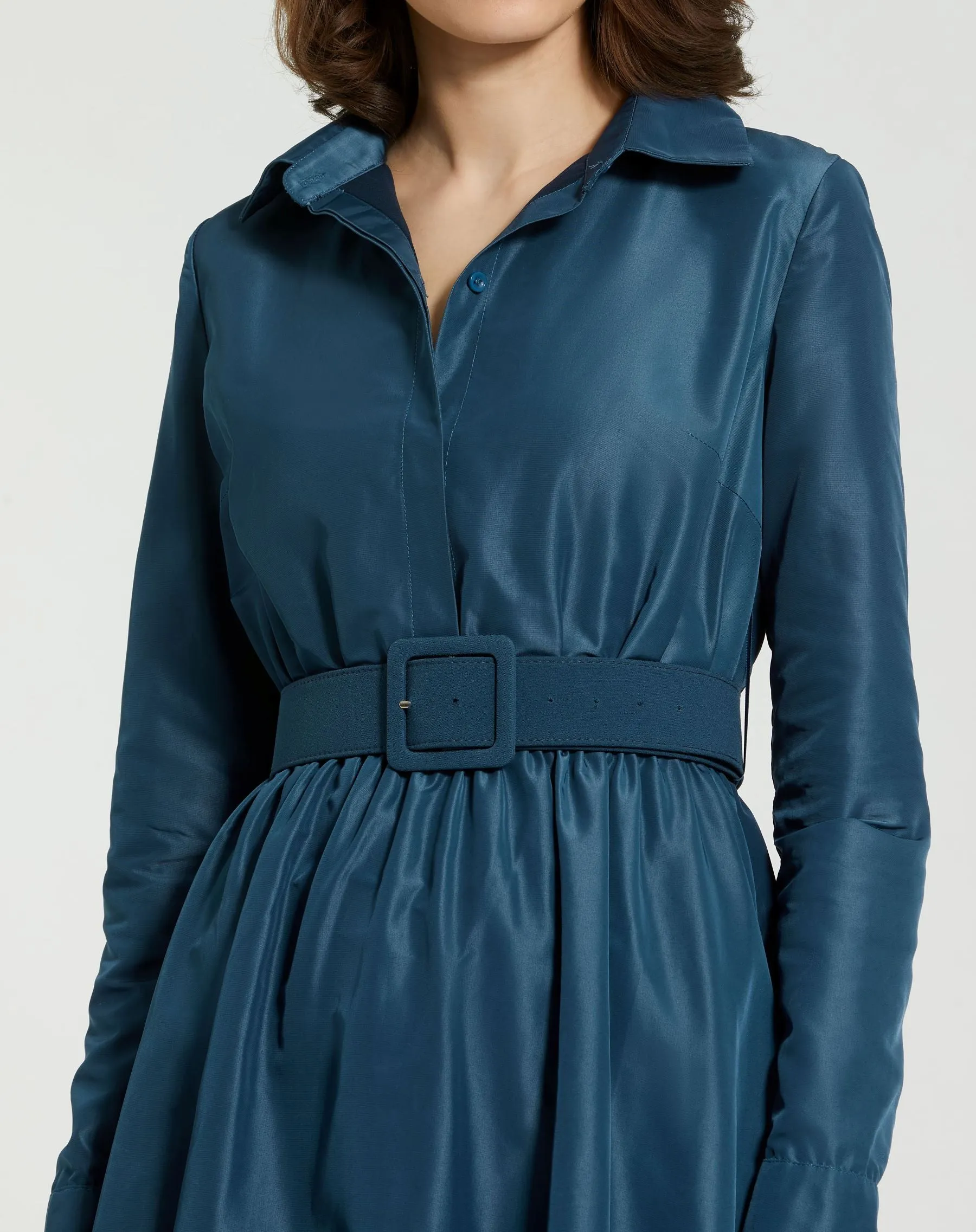 Blue Faille Long Sleeve Collared Midi Dress With Belt - FINAL SALE sold by Mac Duggal product image thumbnail 4