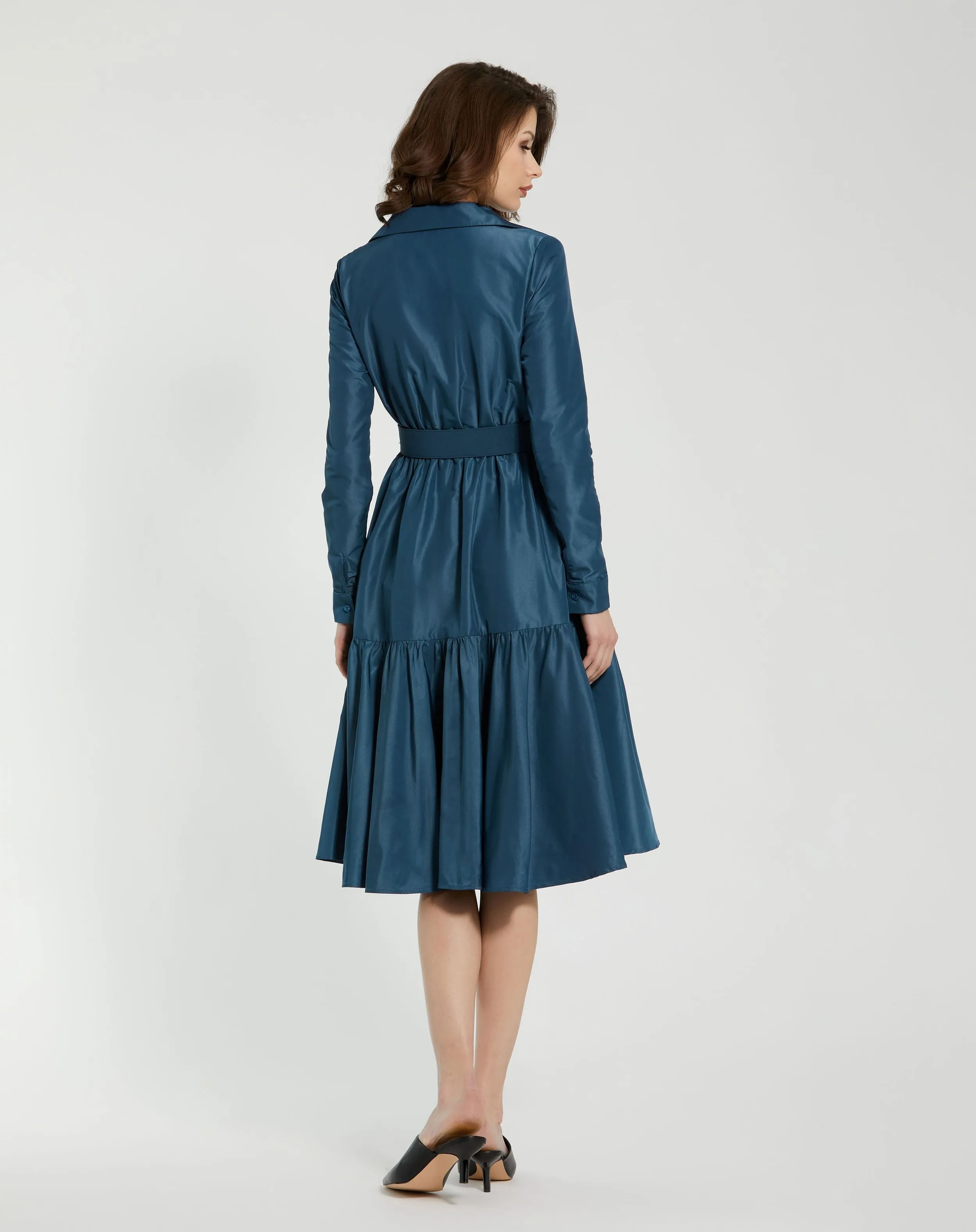 Blue Faille Long Sleeve Collared Midi Dress With Belt - FINAL SALE sold by Mac Duggal product image thumbnail 3