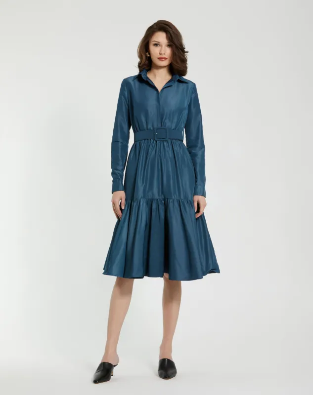 Blue Faille Long Sleeve Collared Midi Dress With Belt - FINAL SALE made by Mac Duggal