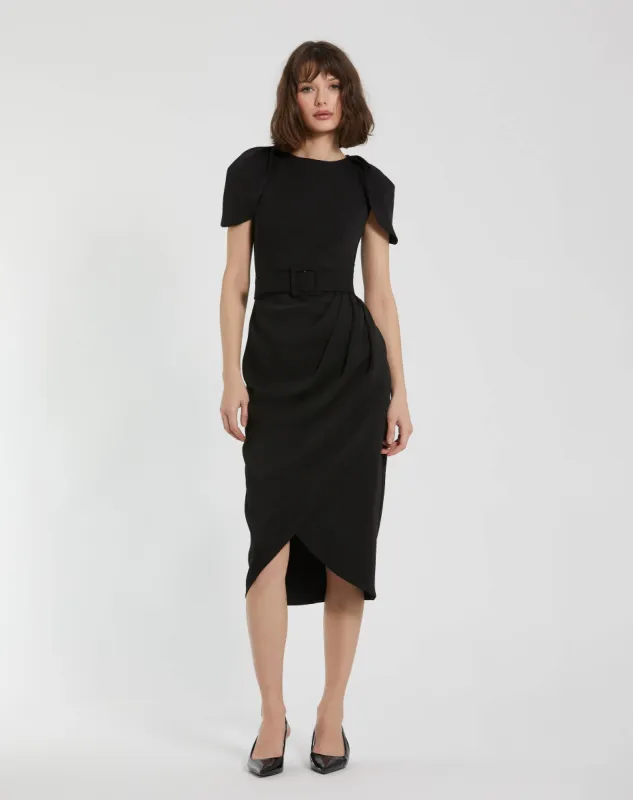 Black Crepe Boat Neck Midi Tulip Dress With Belt sold by Mac Duggal