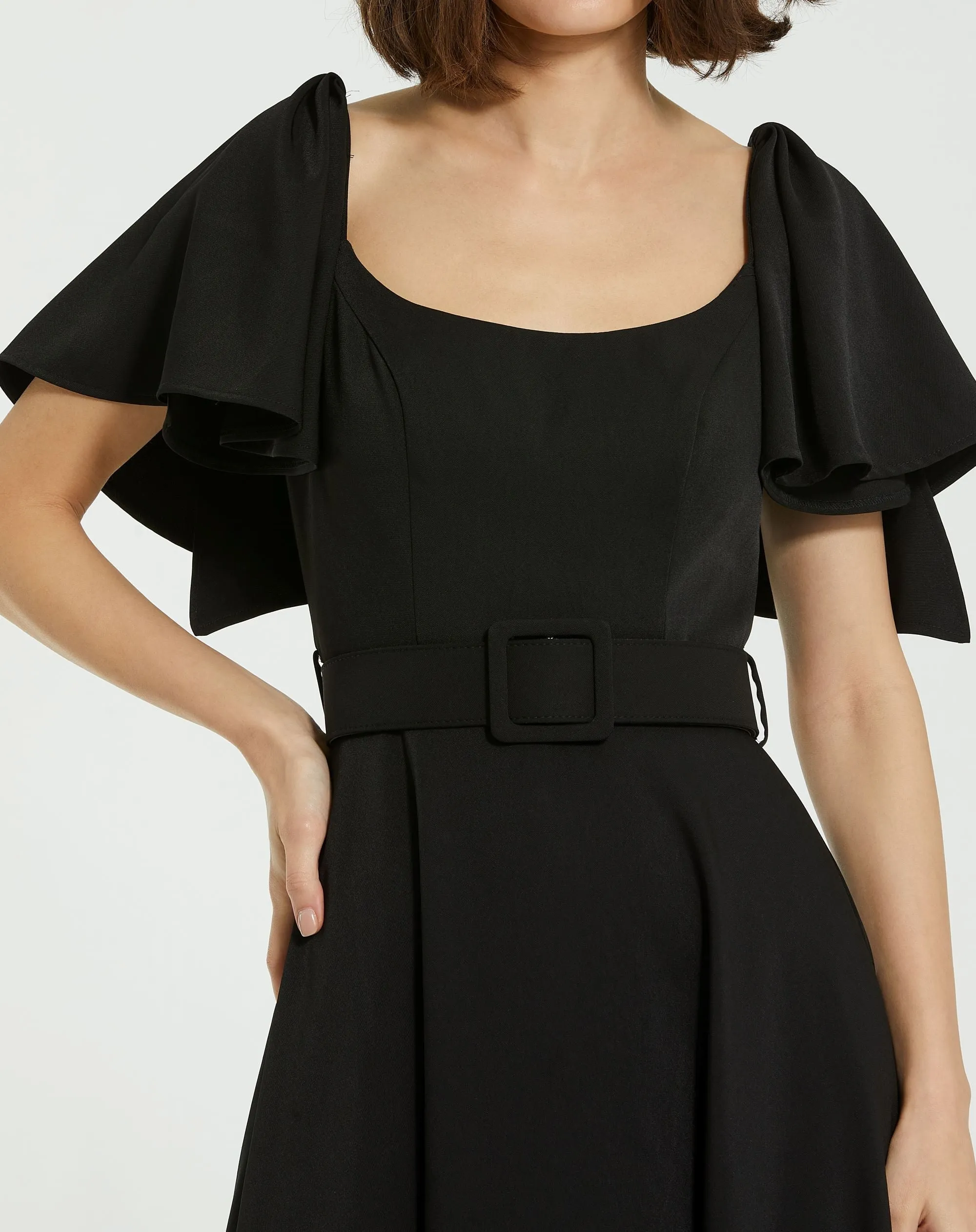 Black Crepe Ruffle Sleeve Midi Dress With Belt sold by Mac Duggal product image thumbnail 3