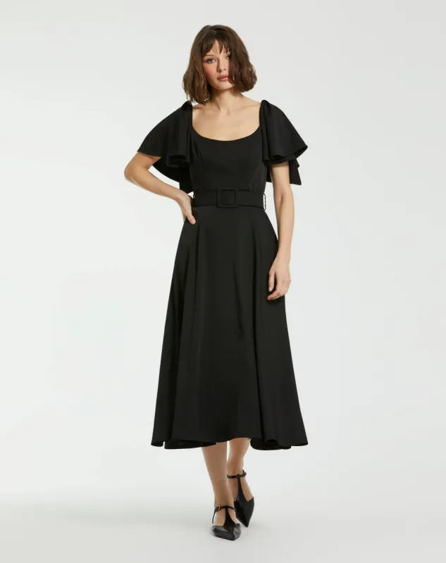 Black Crepe Ruffle Sleeve Midi Dress With Belt sold by Mac Duggal