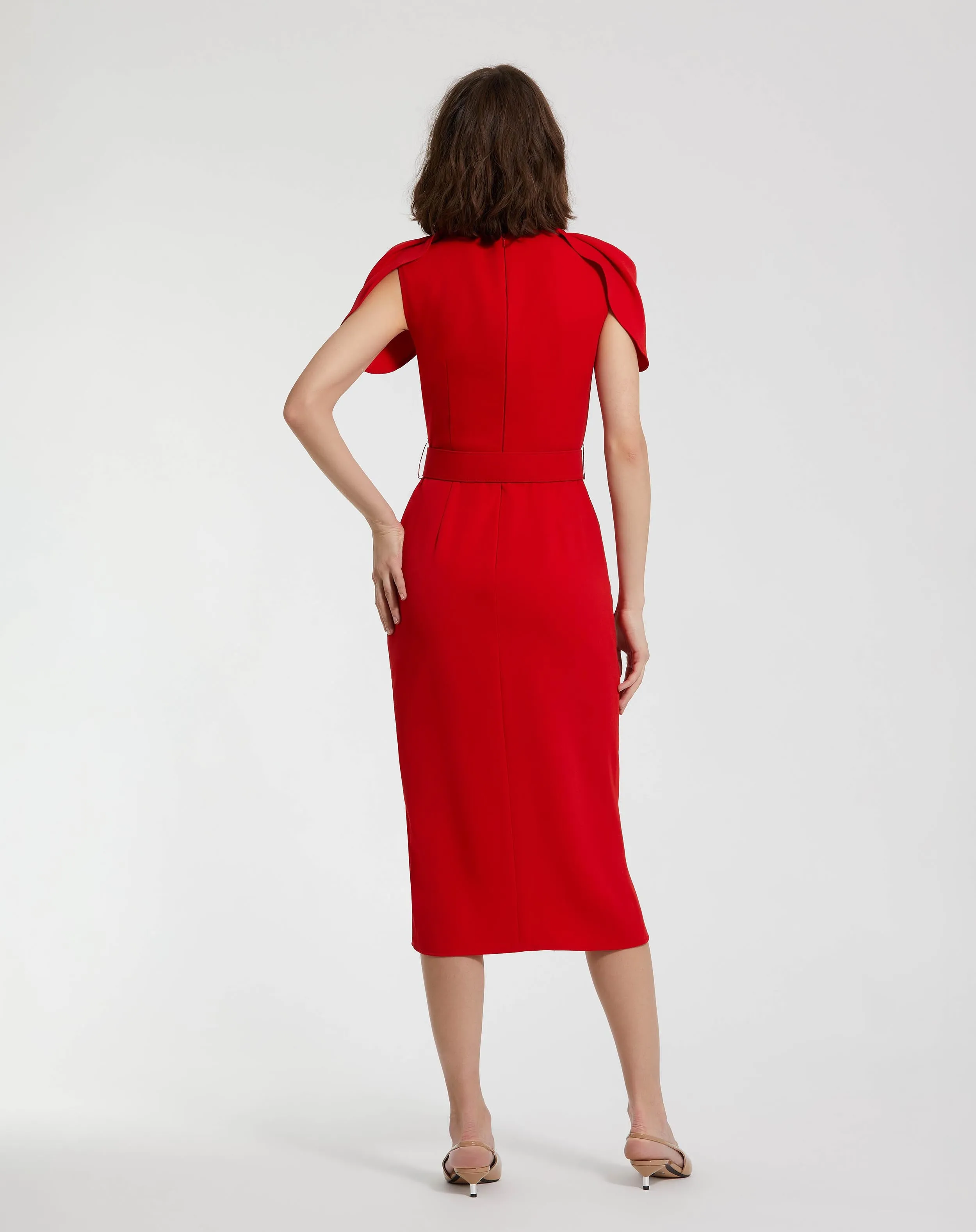 Red Crepe Boat Neck Midi Tulip Dress With Belt sold by Mac Duggal product image thumbnail 4
