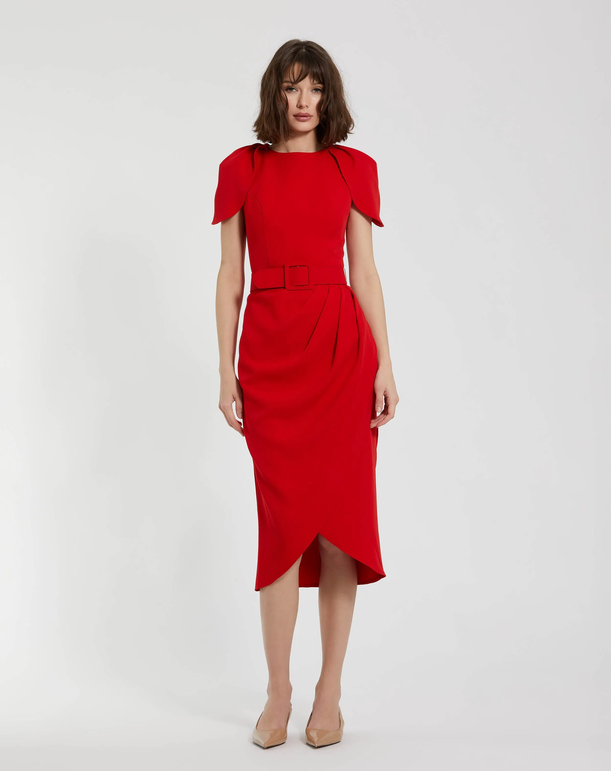 Red Crepe Boat Neck Midi Tulip Dress With Belt sold by Mac Duggal