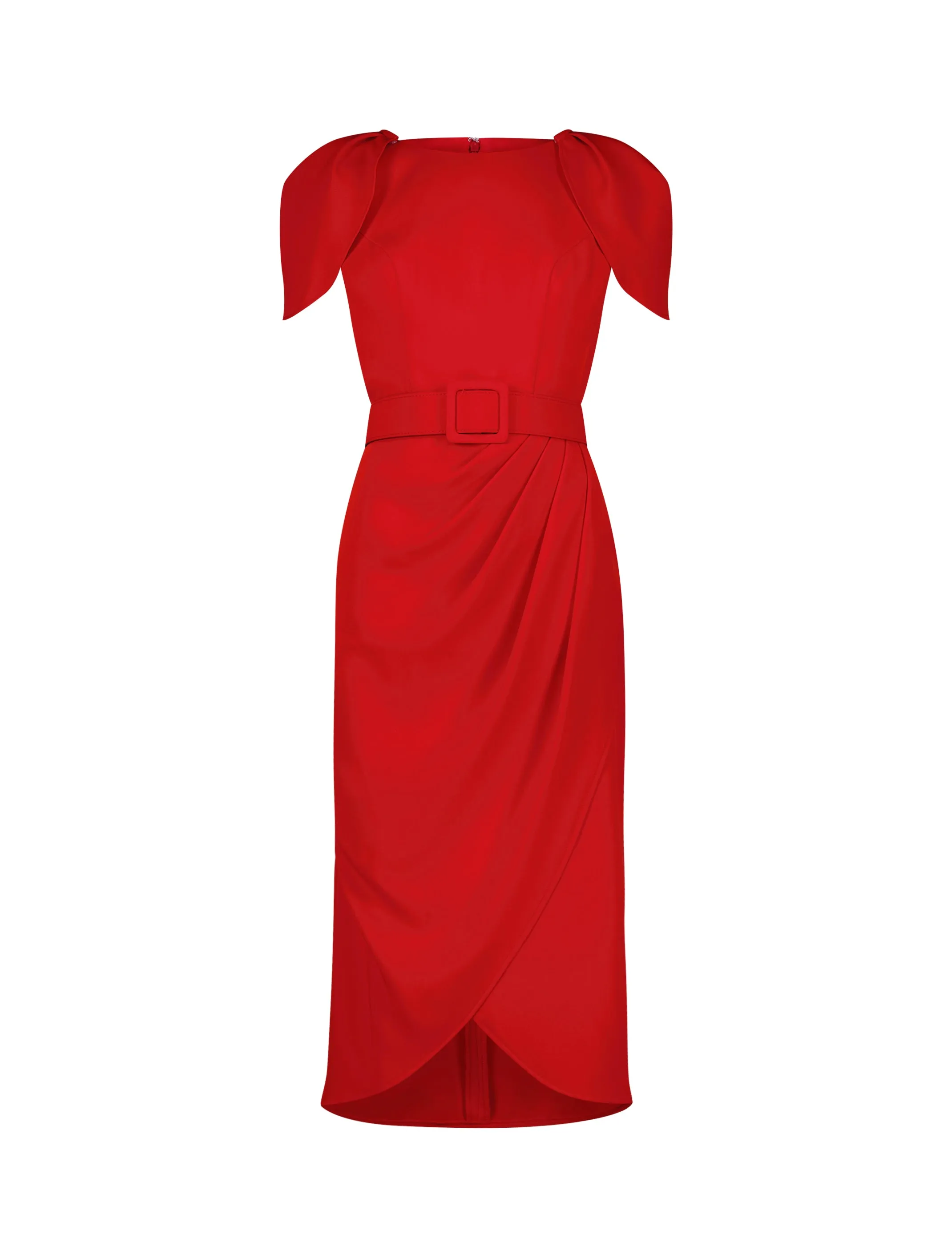 Red Crepe Boat Neck Midi Tulip Dress With Belt sold by Mac Duggal product image thumbnail 2