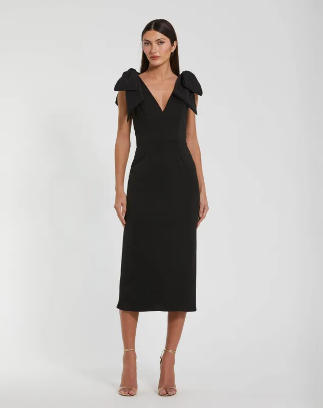 Black Bow Strap Crepe Fitted Midi Dress sold by Mac Duggal
